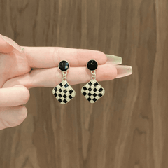 Vintage Luxurious Geometric Black and White Checkerboard Square Long drop Korean Earring