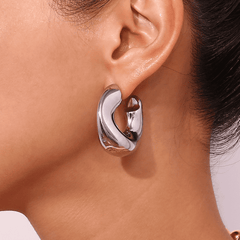 Irregular Thick Metal Round Silver Color Hollow Hoop Korean Earrings