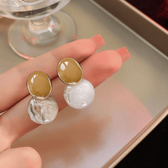 Vintage White Tone Geometric Round Resin Drop Korean Earrings for Women