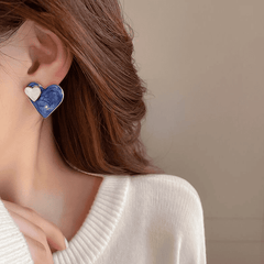 Hot Trendy Blue Dropping Oil Stained Double Heart Stud Korean Fashion Love Earrings