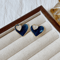Hot Trendy Blue Dropping Oil Stained Double Heart Stud Korean Fashion Love Earrings