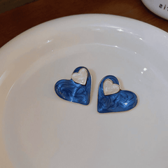 Hot Trendy Blue Dropping Oil Stained Double Heart Stud Korean Fashion Love Earrings