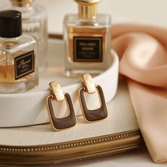 Korean Geometric Square Golden Coffee Color Hollow Design Alloy Drop Korean Earrings for Women