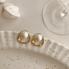 Vintage Golden Irregular Hollow Geometric Shaped With Simple white Pearl Stud Korean Earrings for Women
