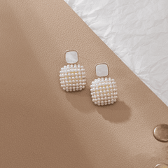 Trendy Simple White Square Pearl Pendant Drop Korean Earrings for Girls