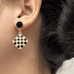 Vintage Luxurious Geometric Black and White Checkerboard Square Long drop Korean Earring