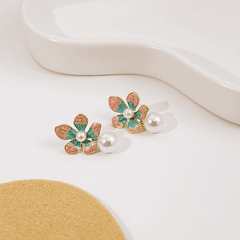 Lovely Oil Painted Pink Blue Flower with Pearl Drop Korean Earrings For Girls