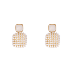 Trendy Simple White Square Pearl Pendant Drop Korean Earrings for Girls