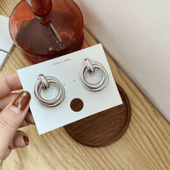 Cross Shaped Two layer Circle Earrings European and American Exaggerated Metal Earrings Light Luxury Silver Korean Earrings