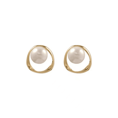 Vintage Golden Irregular Hollow Geometric Shaped With Simple white Pearl Stud Korean Earrings for Women