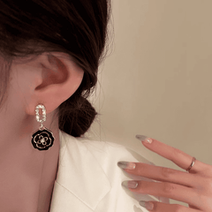 Vintage Modern Dailywear Black Camellia Flower with Rhinestone Drop Korean Earrings for Girls