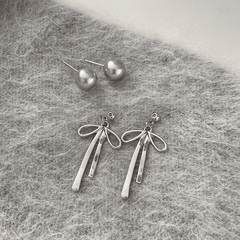 Trendy Elegant Silver Metal Aesthetic Fairy Bow Pearl Long Dangle Korean Earrings for Women