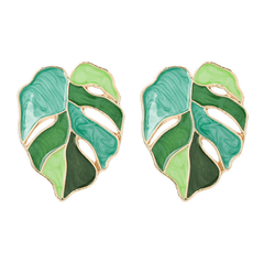 Green Enamel Hollow Coconut Palm Oil-dripping Leaf Stud Korean Earrings for Girls