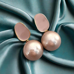 French Style Pink Big Pearl with Elegant Enamel Drop Pearl Korean Earrings for Women