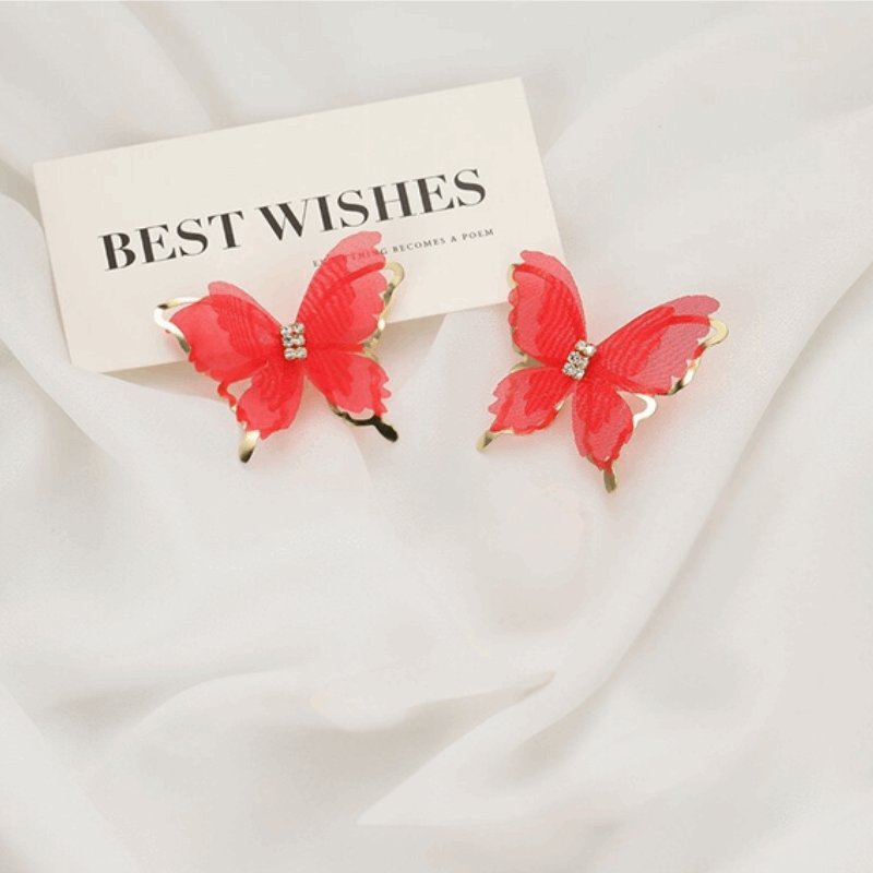 Metal Chiffon Fabric Red butterfly Earrings with Mesh Design Trendy Korean Earrings for Girls