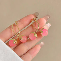 Vintage Pink Cherry Fruit Fringe Drop Stud Fashion Korean Earring