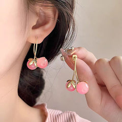 Vintage Pink Cherry Fruit Fringe Drop Stud Fashion Korean Earring